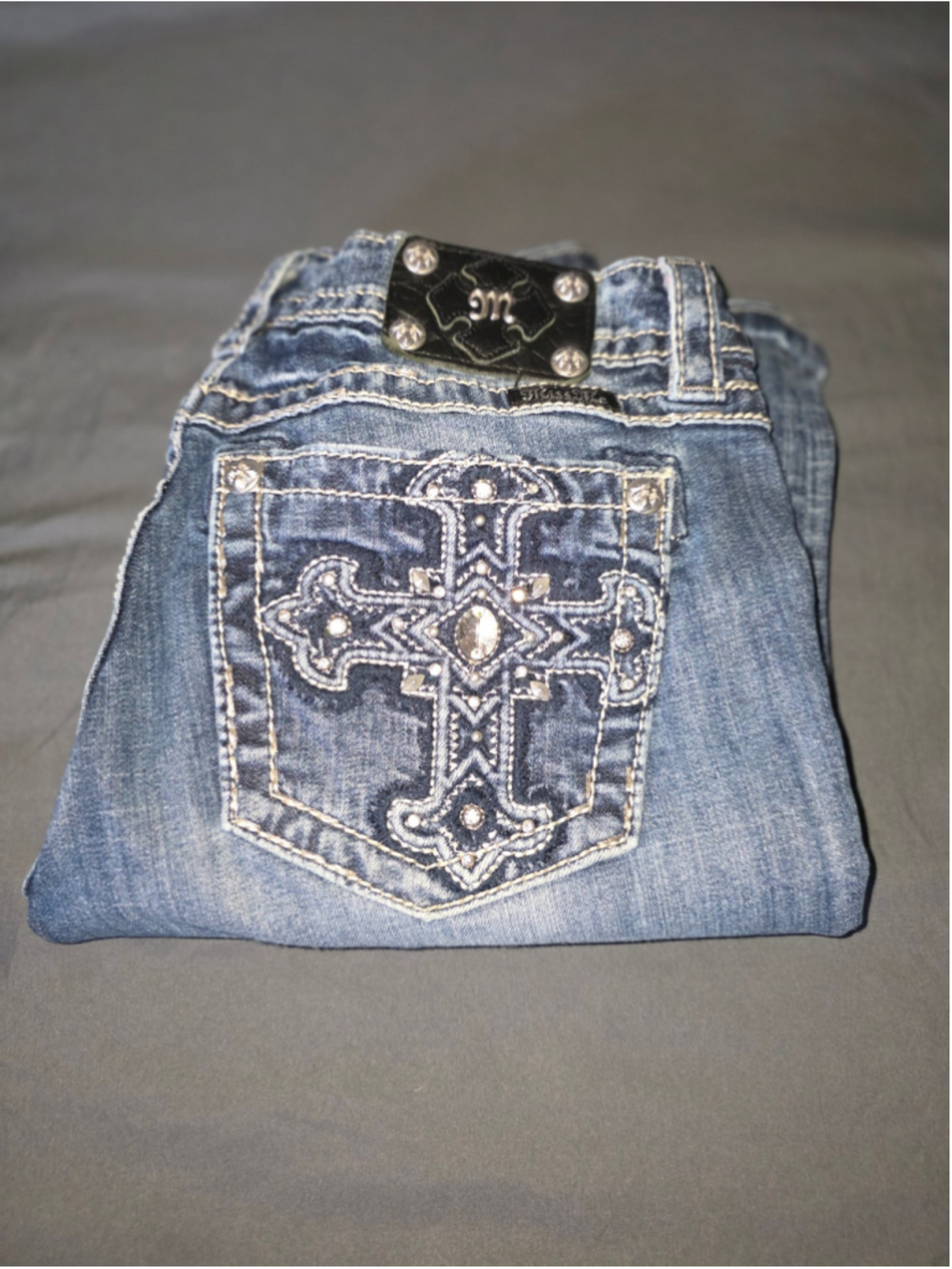 Women's Miss Me Jeans Size 30 Blue Embellished Cross Pockets